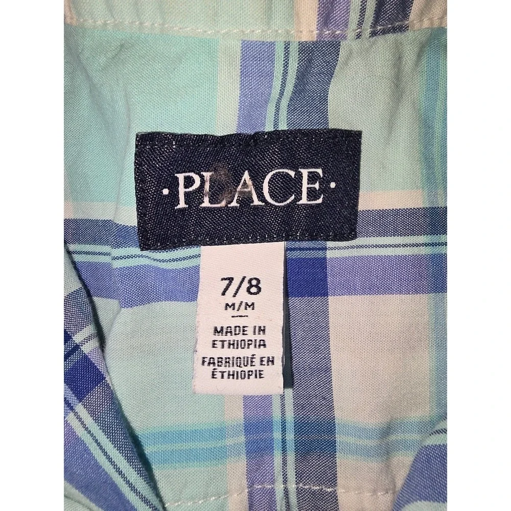 The Childrens Place Boys Teal Blue Plaid Short Sleeve Button Down Shirt Size 7/8